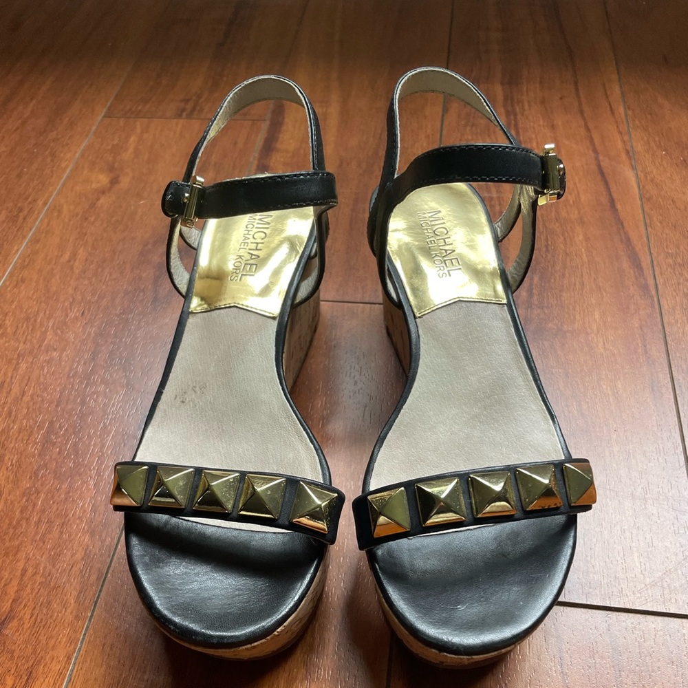 Michael Kors Black Leather & Gold Studs Cork Platform Sandals Size 6